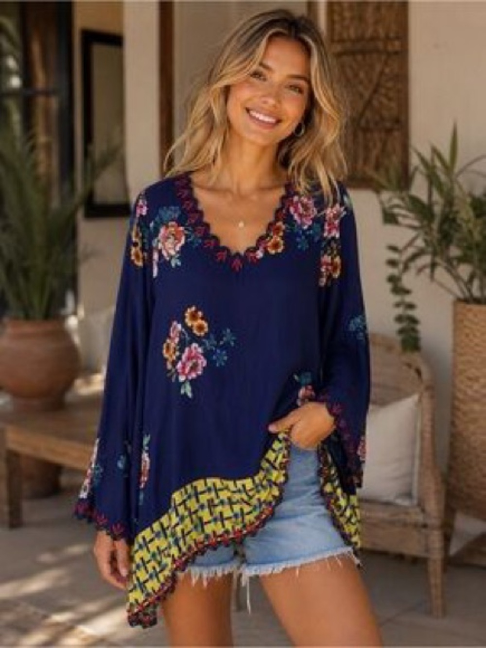 Johnny Was Dinah Silk Twill Floral Print Blouse w/ Embroidered Trim XL